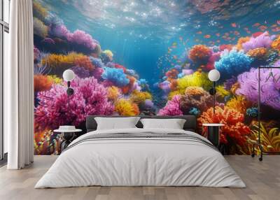 A scenic underwater view featuring colorful coral reefs and diverse fish, highlighting the beauty of marine ecosystems for World Oceans Day List of Art Media 3D render Wall mural