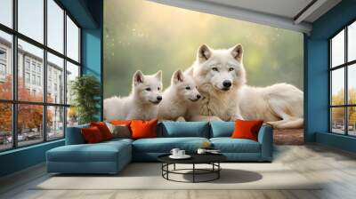 A serene scene featuring a mother wolf and her two playful pups in a lush, enchanting forest setting. Wall mural