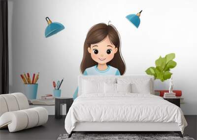 A young girl studying at her desk, surrounded by books, stationery, and plants, embodying a cheerful learning environment. Wall mural