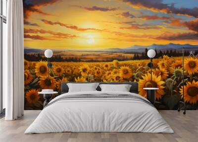 Acrylic painting of a vibrant sunflower field at sunset, with warm tones and a lively, energetic feel. Wall mural