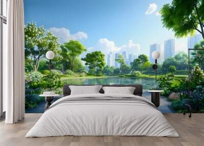 An urban park surrounded by contemporary high-rise buildings. List of Art Media Minimalist realistic Wall mural