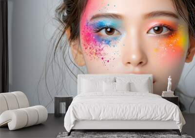 Artistic makeup portrait of a young Asian woman, vibrant colors, creative style, isolated on white background Wall mural