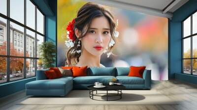 Asian model at a cultural event, posed candidly in a documentary photography style Wall mural