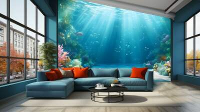 Beneath serene waves, a vibrant underwater scene unfolds with colorful coral reefs and shimmering sunlight. Wall mural