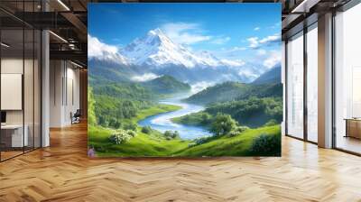 Breathtaking landscape featuring majestic mountains, lush greenery, and a serene river under a bright blue sky. Wall mural