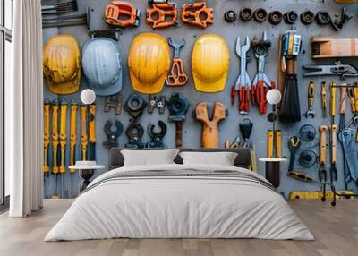 Close-up shot of construction equipment and tools neatly arranged at a construction site, ready for use by workers Wall mural