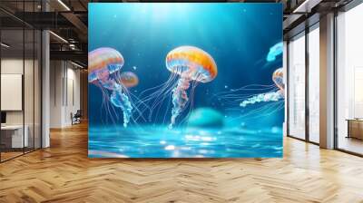 Ethereal Underwater Seascape with Radiant Drifting Jellyfish in Mesmerizing Bioluminescent Glow Wall mural