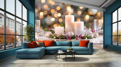 Festive holiday table setting with candles, ornaments, and a beautiful centerpiece. List of Art Media Photographic realistic Wall mural