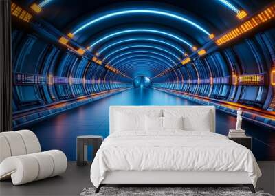 Futuristic tunnel interior with neon blue and orange lights, creating a vibrant and immersive atmosphere for science fiction themes. Wall mural