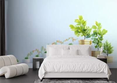 Growth concept illustrated by coins and plants, symbolizing financial progress and investment potential. Wall mural