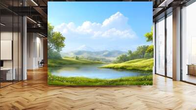 Serene landscape featuring a tranquil lake, lush green fields, and clear blue skies, ideal for nature and relaxation themes. Wall mural