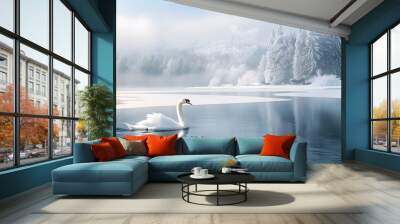 Swan in winter, gliding through a snow-covered lake minimalist art media by magazine Wall mural