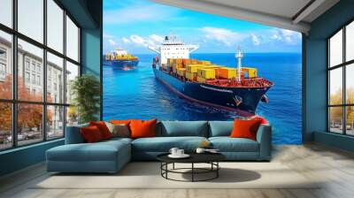 Vibrant cargo ships transporting containers across tranquil blue waters under a clear sky with fluffy clouds. Wall mural