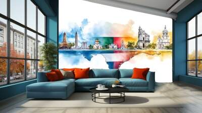 Vibrant watercolor illustration of a city skyline, featuring iconic landmarks and colorful artistic elements. Wall mural