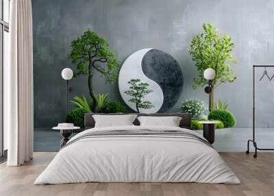 Yin-yang symbol adapted with industrial and natural elements. minimalist net zero concept, Wall mural