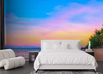 Panorama view of sunset sky on tropical beach in twilight time at Phuket province, Southern of Thailand Wall mural