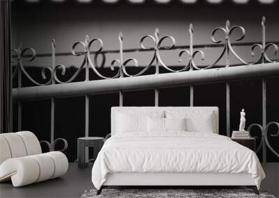 A black and white photo of a wrought iron fence with a lot of detail. The fence is ornate and has a lot of detail, giving it a sense of elegance and sophistication Wall mural