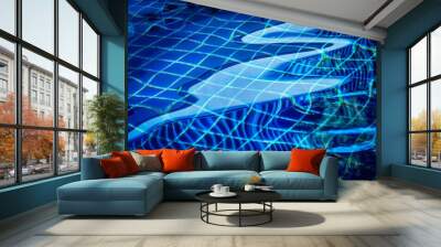 The image is of a pool with blue water and a blue net Wall mural