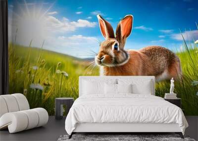 A lively image of a cute rabbit sprinting through a lush green meadow. Wall mural