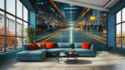 A wide shot of a factory floor with fully automated machinery streamlining production, smooth and efficient workflow, industrial lighting, clear and dynamic colors Wall mural