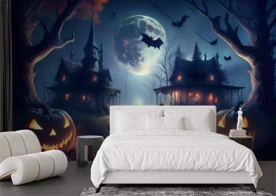 Castle on a scary full moon night Halloween holiday banner background concept. Wall mural