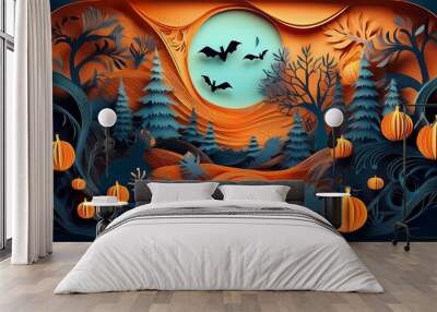 Halloween orange paper cut banner Generative AI  Wall mural