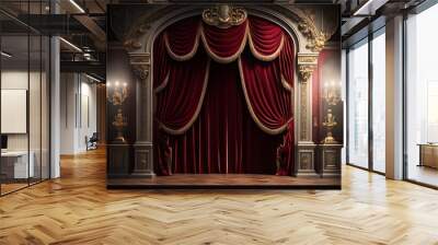 Empty theater stage luxury with red and gold velvet curtain.Generative AI Wall mural