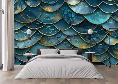 7. Thai underwater cloth pattern with gold printing that showcases shimmering gold seaweed and fish scales. seamless backdrop, Wall mural