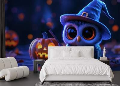 Cute witch owl holding tiny broomstick with pumpkin Wall mural