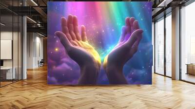 Hands Holding Colorful Auroras Wall mural