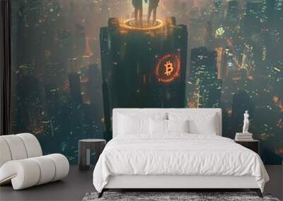 Aerial view of a couple holding hands atop a skyscraper, surrounded by glowing cryptocurrency symbols, illuminated by the gentle hues of a sunrise, photorealistic digital art Wall mural