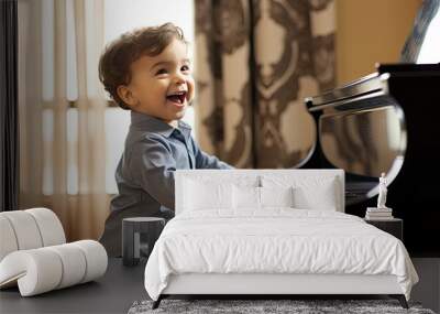 child playin a piano with a smile on his face, in the style of innovating techniques, spirited movement Wall mural