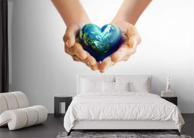 Human hands holding earth glass ball in heart shape on White background free Clipping path for World Health Day content and copy space.Elements of this image furnished by NASA Wall mural