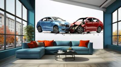 two Cars accident violently facing each other, on isolated white background Wall mural