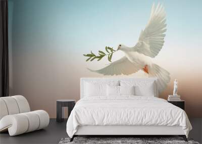 white dove or white pigeon carrying olive leaf branch on pastel background and clipping path and international day of peace  Wall mural