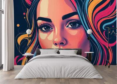 Beautiful colorful bliss. Stylized vector illustration of a woman's face blended with vibrant abstract swirls and shapes Wall mural