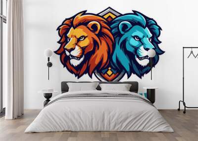 Colorful shield Gaming mascot editable vector logo. Blue and orange Lion mascot illustration logo. two lion vector logo Wall mural