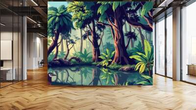 Jungle forest with trees and pond cartoon background, illustration of tropical landscape. Seamless nature jungle cartoon wildlife and green palette landscape background vector illustration Wall mural