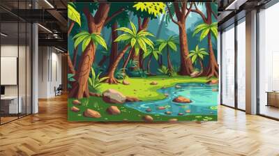 Jungle forest with trees and pond cartoon background, illustration of tropical landscape. Seamless nature jungle cartoon wildlife and green palette landscape background vector illustration Wall mural