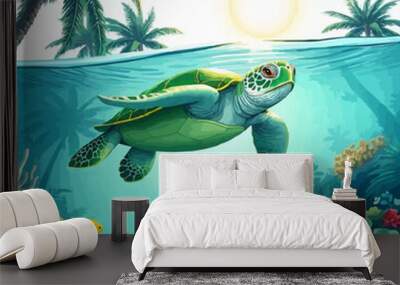 turtle with beach background vector illustration. sea world vector logo illustration. cute cartoon sea turtle. Wall mural