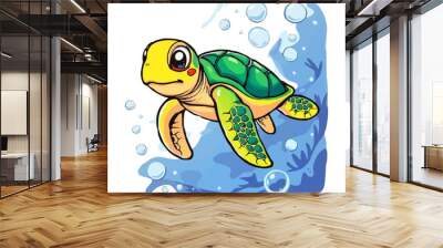 watercolor, oil painting style turtle mascot logo. Sea turtle vector illustration isolated on white background. Cartoon marine animal.  Wall mural