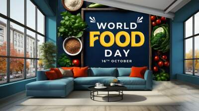 World Food Day social media banner poster featuring fresh vegetables and fruits, promoting nutrition and a healthy diet for vegetarian and vegan day Wall mural