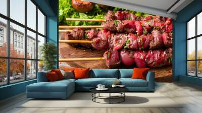 Fresh grilled beef on stick healthy meat dish. Wall mural