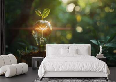 Green energy concept with light bulb and growing plant inside it on fertile soil with sunlight in the background. Wall mural