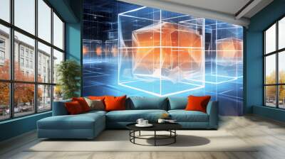 3D rendering of glowing orange geometric shapes inside transparent cubes in a blue digital space. Wall mural