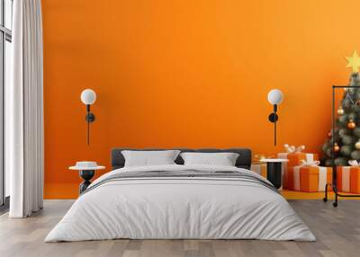 A bright orange background with a small Christmas tree and a few gift boxes placed around it Wall mural