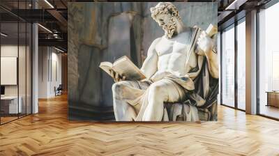 A marble statue of a man reading a book, a symbol of knowledge and wisdom, captured in a dramatic light. Perfect for history, education, and literature themes. 
 Wall mural