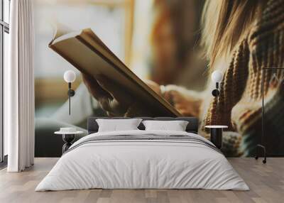 Cozy woman reading book, warm brown, beige, and white,  soft light,  relaxation and tranquility,  winter day.  Wall mural