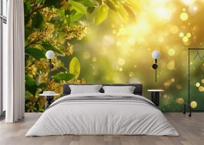 spring advertisment natural nackground with clower leaves, gold coins, bokeh lights and copy space Wall mural