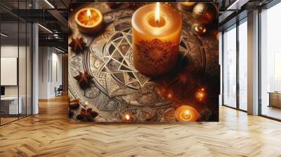 Burning candle illuminates celebration symbolizing spirituality and harmony Wall mural